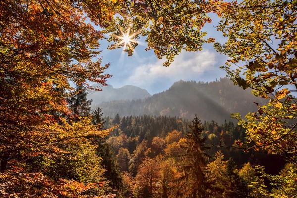 Alpes en Baviera con vigas soleadas durante el otoño en Alemania — Foto de Stock