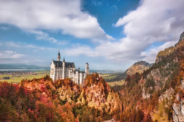 Słynny zamek Neuschwanstein z jesień las w Bawarii, Niemcy — Zdjęcie stockowe