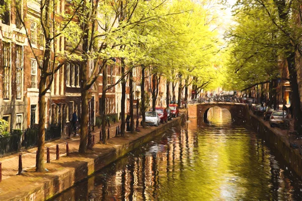 Amsterdam stad in Nederland, illustraties in de schilderkunst stijl — Stockfoto