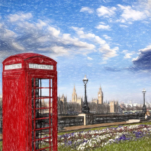 Ελληνικά κόκκινο τηλεφωνικά κιβώτια με το Μπιγκ Μπεν στο Λονδίνο, Ηνωμένο Βασίλειο, έργο τέχνης στυλ — Φωτογραφία Αρχείου