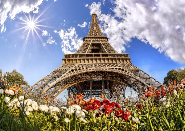 Eiffelturm mit Blumen in Paris, Frankreich — Stockfoto