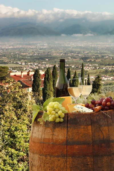 Vino bianco con botte su vigneto in Chianti, Toscana, Italia — Foto Stock
