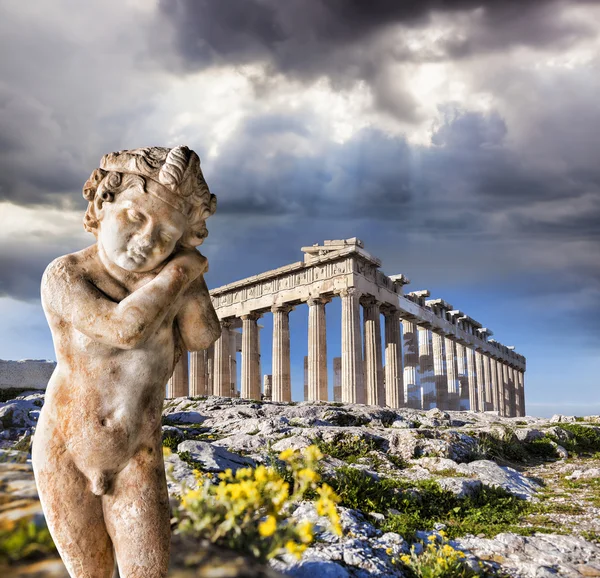 Akropolis ile heykel ve parthenon Tapınağı Atina, Yunanistan — Stok fotoğraf