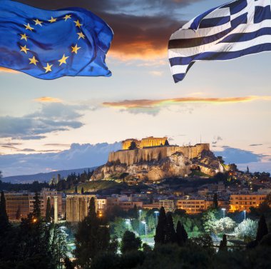 Akropolis ile Yunanistan bayrağı ve Atina, Yunanistan Avrupa Birliği bayrağı