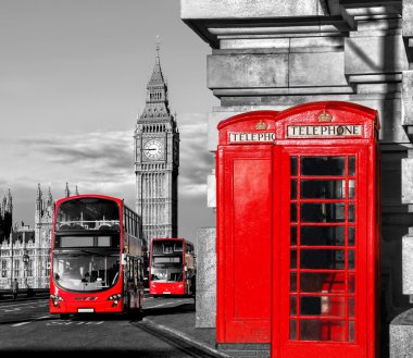 Big Ben, Çift katlı otobüs ve kırmızı telefon kabinleri için İngiltere'de, İngiltere'de Londra sembollerle