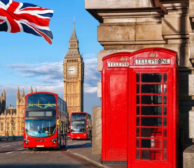 London symbols with BIG BEN, DOUBLE DECKER BUS and red PHONE BOOTHS in England, UK clipart