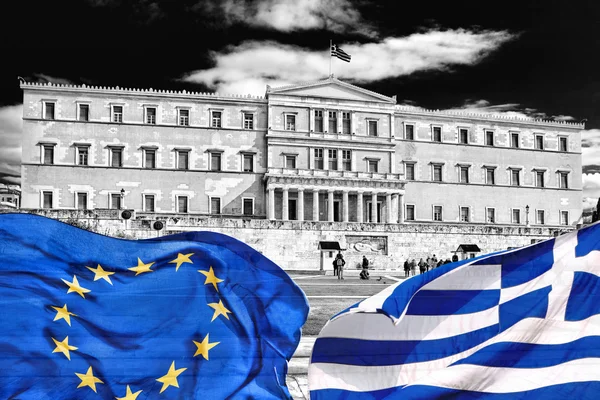 Acropolis with flags of Greece and the European Union in Athens, Greece — Stock Photo, Image