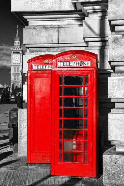 London  with BIG BEN  and red PHONE BOOTHS in England, UK