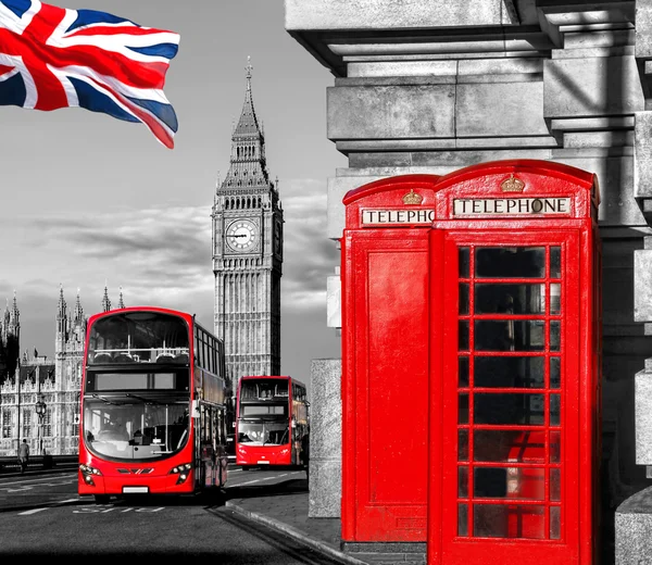 London symbols with BIG BEN, DOUBLE DECKER BUS and red PHONE BOOTHS in England, UK Stock Picture