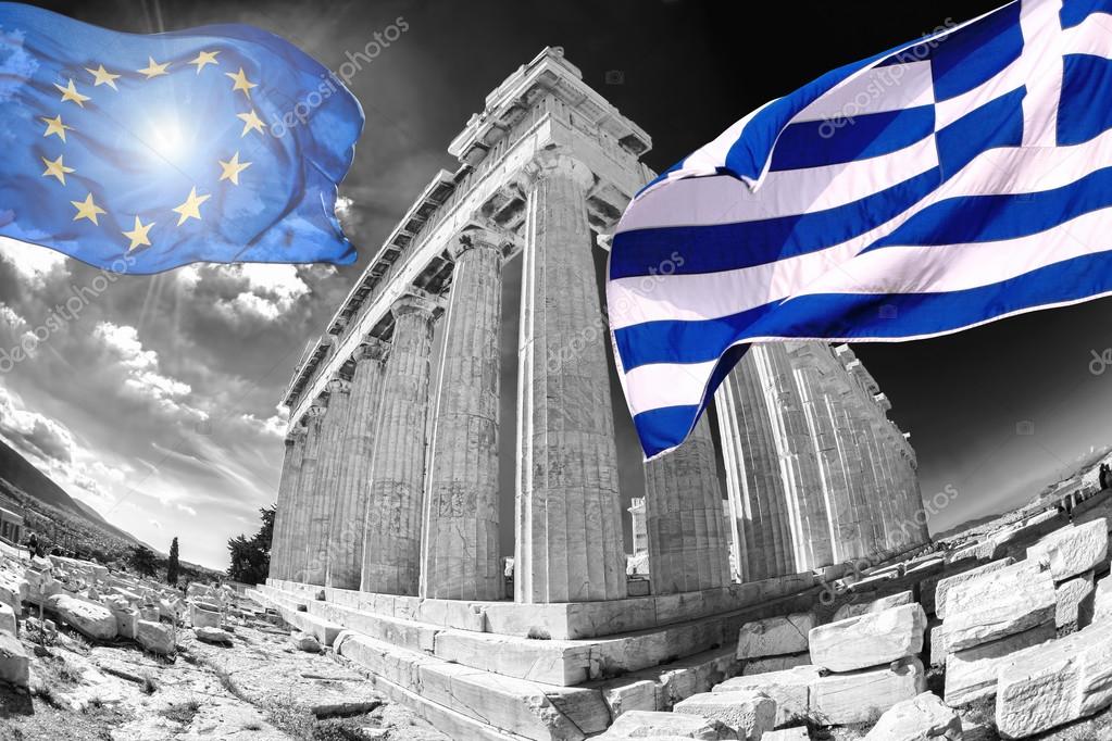 Acropolis with flags of Greece and the European Union in Athens, Greece