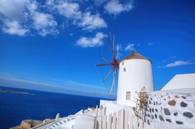 Santorini Island, Yunanistan Oia köyde çiçekli geleneksel Yunan kapı