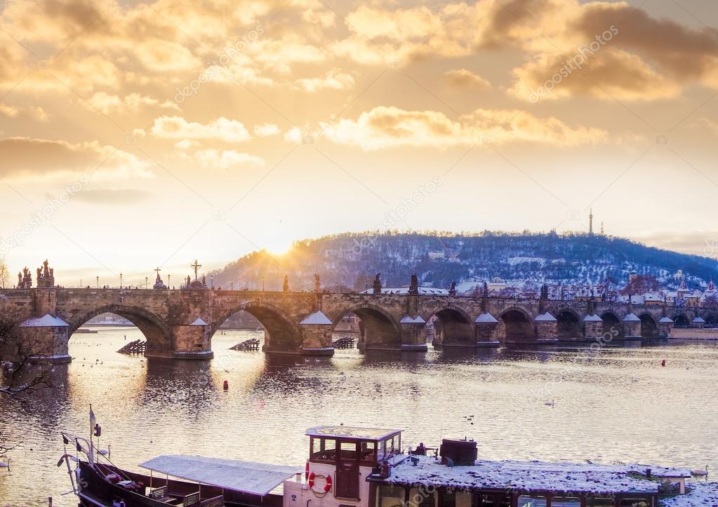 Charles bridge against sunset in Prague (UNESCO), Czech republic, Europe