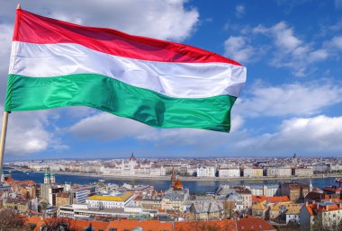 Panorama of Budapest  with flag of Hungary clipart