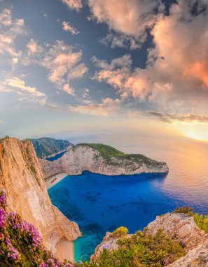 Navagio plaj batık ve günbatımı karşı çiçeklerle Zakynthos Adası Yunanistan