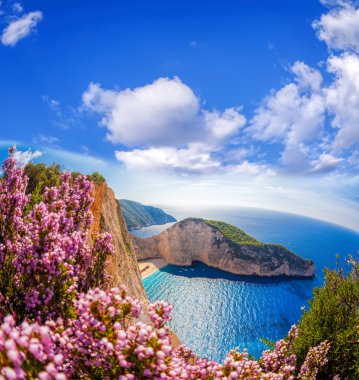 Navagio plaj batık ve çiçeklerle mavi gökyüzü adada Zakynthos, Yunanistan