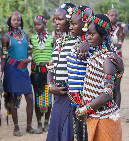 Boys and girls at the traditional evangaty ceremony. Turmi, Ethiopia.