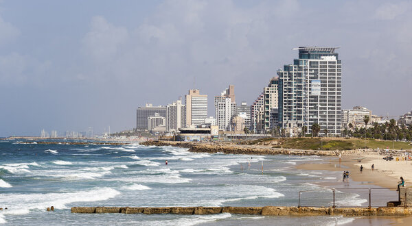 Skyline, and beaches of southern Tel Aviv. Israel.