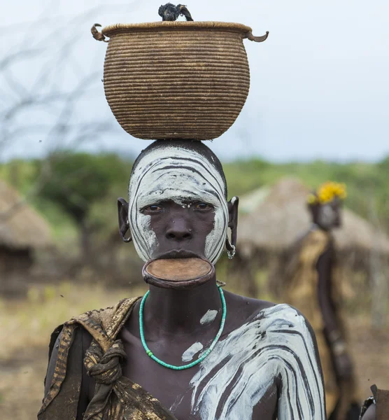 Mulher da tribo Mursi na aldeia de Mirobey. Parque Nacional de Mago. Vale do Omo. Etiópia . — Fotografia de Stock