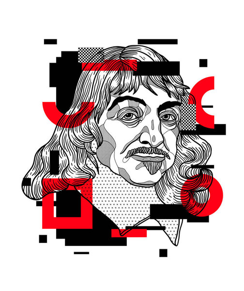 рене декарт портрет творческая композиция, векторная иллюстрация