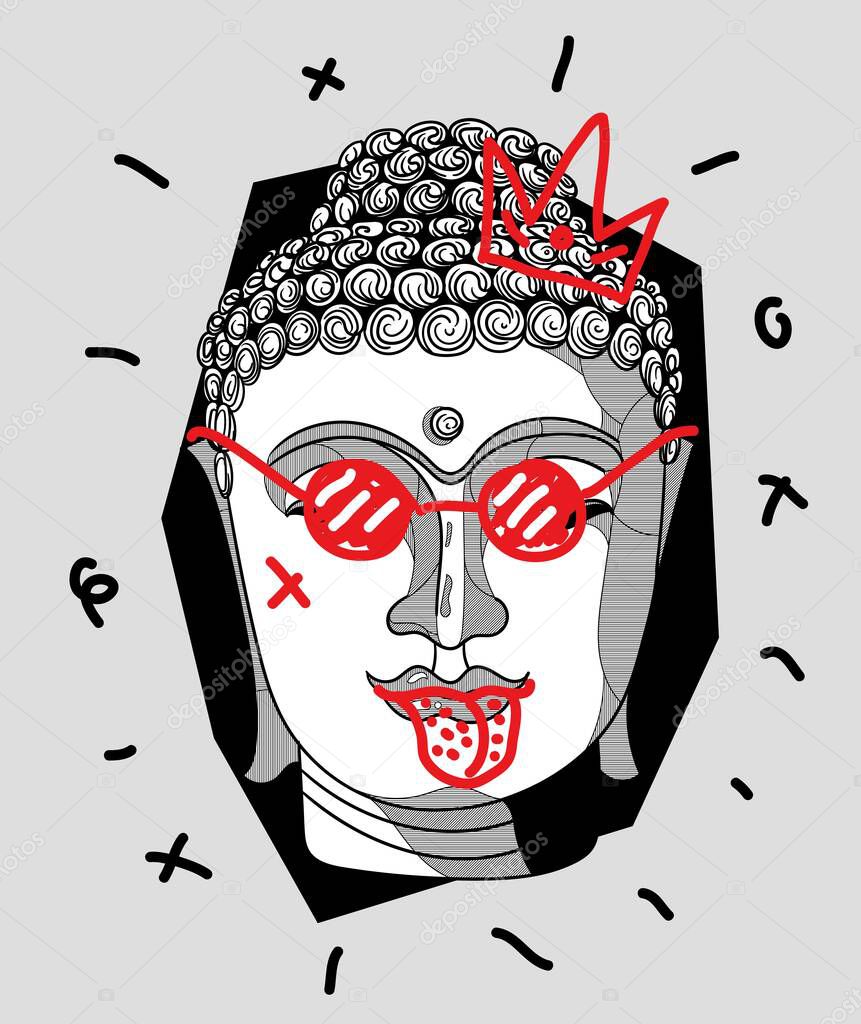 budha in sunglasses creative composition, vector illustration
