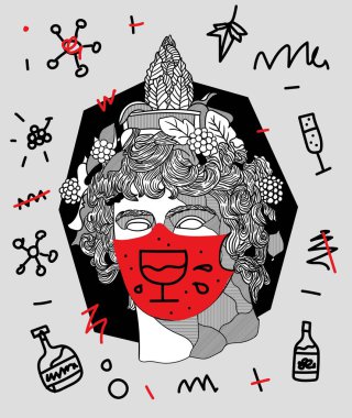 Vektör çizgileri klasik el çizimi illüstrasyon. Maskeli Dionysos 