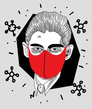 Vektör çizgileri klasik el çizimi illüstrasyon. Franz Kafka maskeli. 