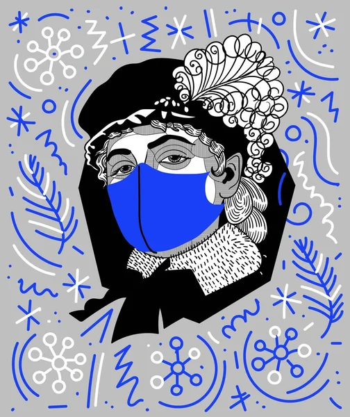 ベクトルライン古典的な手描きイラスト クラムスコイ マスクの無名の女性 — ストックベクタ