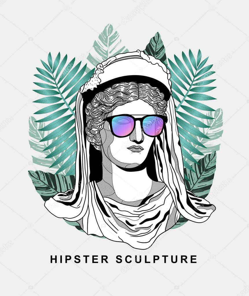 Vector lines classical hand drawn illustration. Demeter in sunglasses
