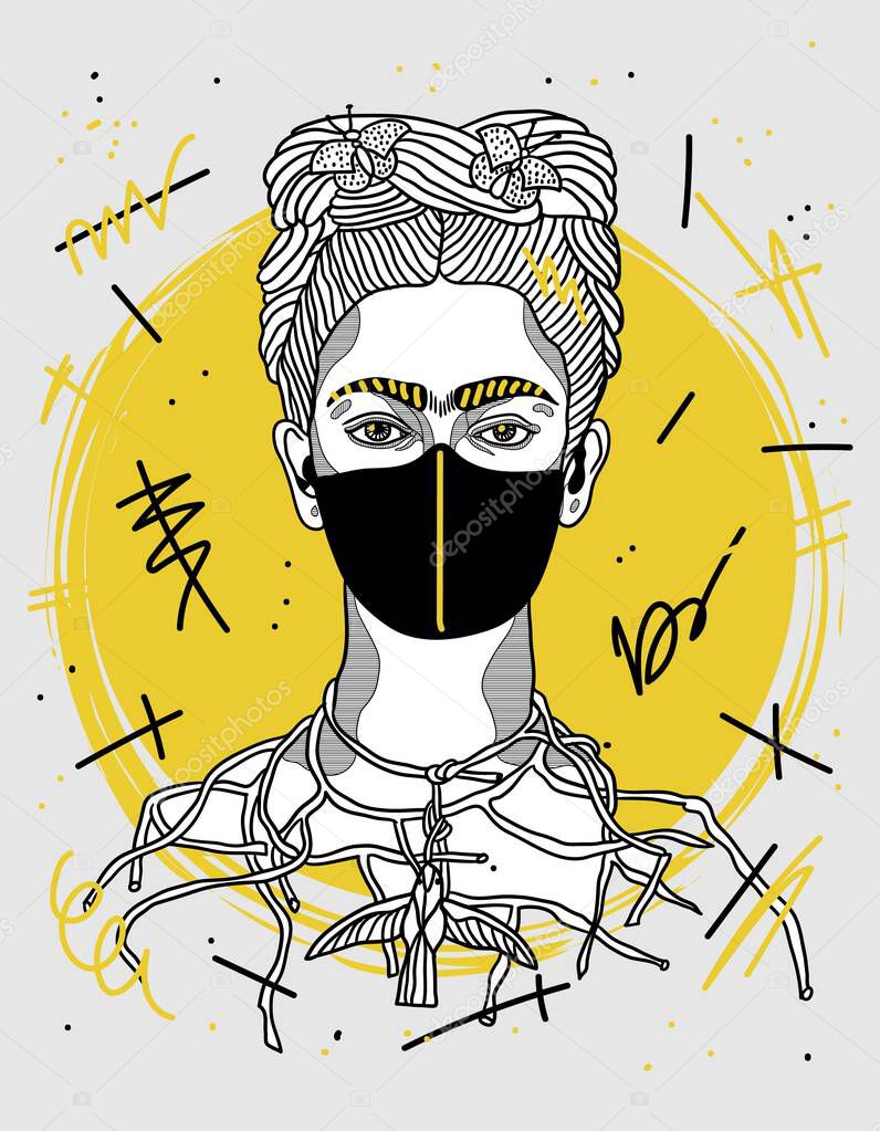 Vector lines classical hand drawn illustration. frida kahlo in mask 