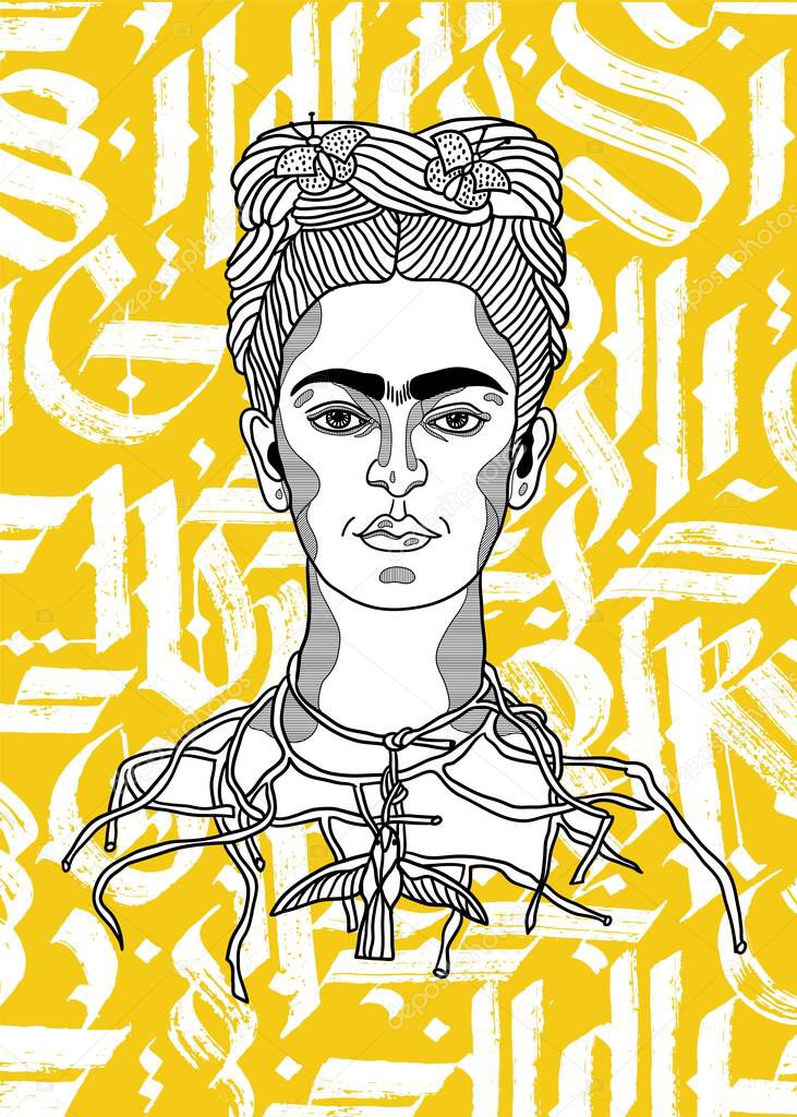 Vector lines classical hand drawn illustration. frida kahlo