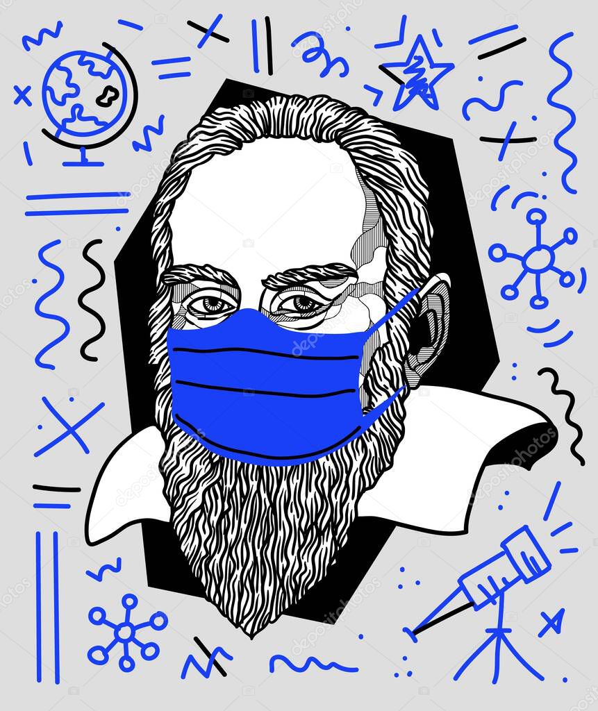 Vector lines classical hand drawn illustration. galileo in mask 