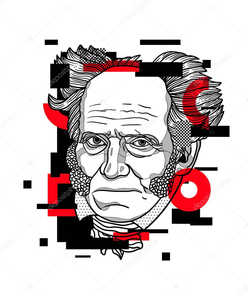 Arthur Schopenhauer Vector lines classical hand drawn illustration. 