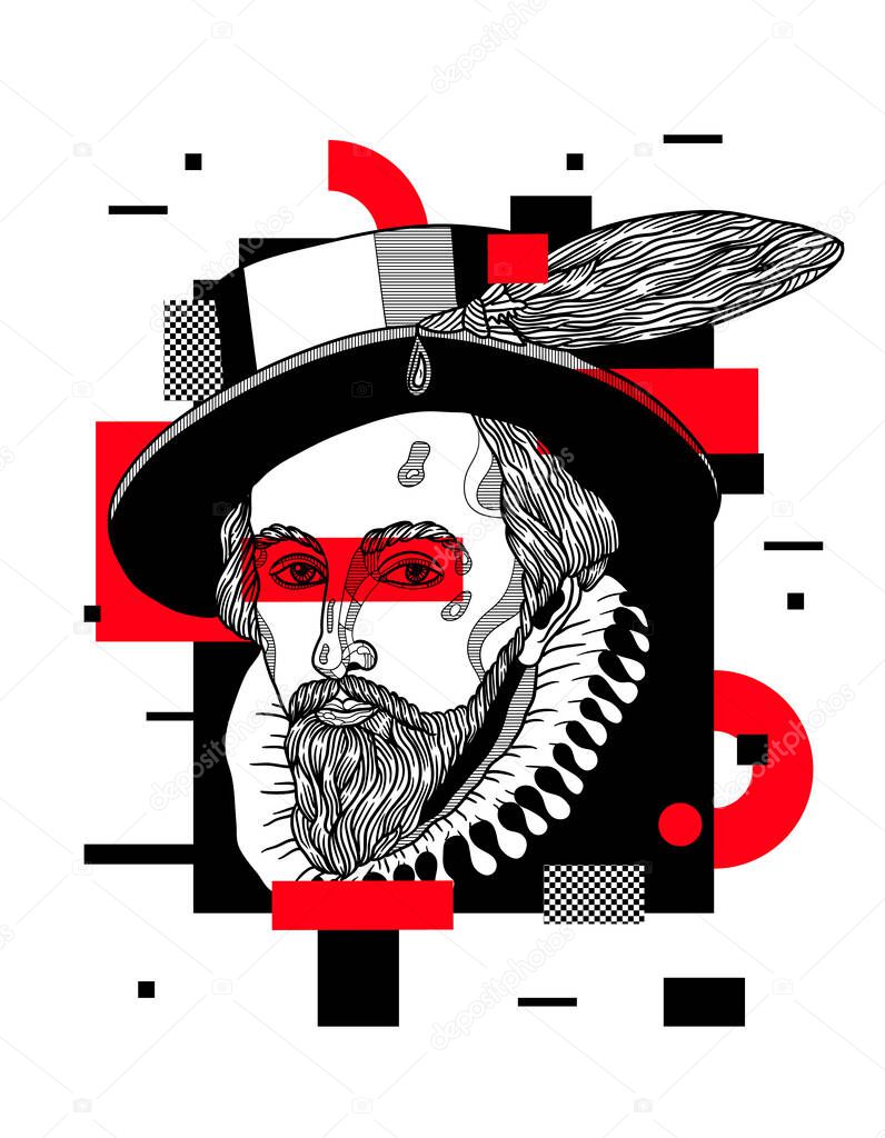 Vector lines classical hand drawn illustration. Sir Walter Raleigh