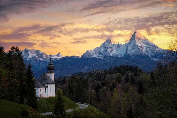 Maria Gern Chapel Berchtesgaden Watzmann Background Post Processed Using Exposure — Stock Photo, Image