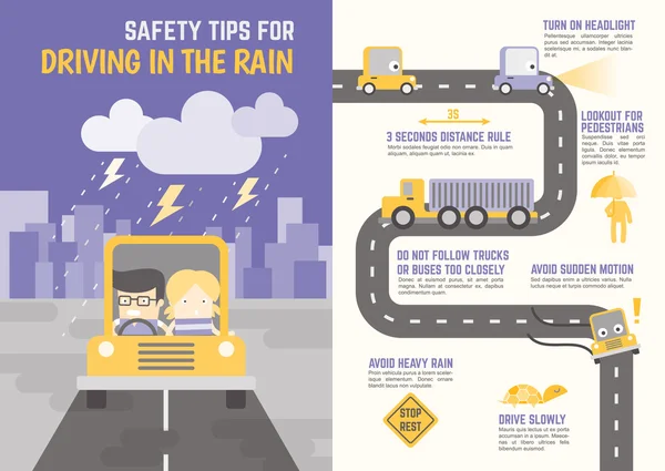 빗 속에서 운전을 위한 안전 수칙 벡터 그래픽