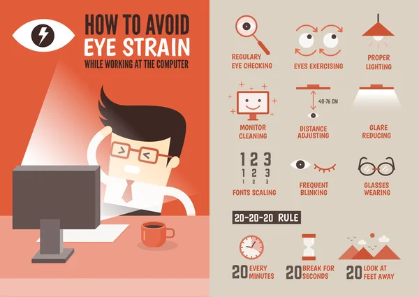 Personaggio del cartone animato sulla prevenzione dell'affaticamento degli occhi — Vettoriale Stock