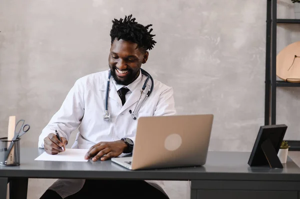 telehealth with virtual doctor appointment and online therapy session. Black doctor online conference