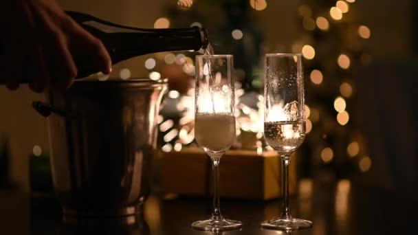 两杯香槟，在燃烧的火花的背景下。新年佳节精神 — 图库视频影像
