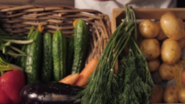 Légumes bio. Des mains de fermiers avec des oignons fraîchement cueillis. Oignon bio frais. Marché des fruits et légumes — Video