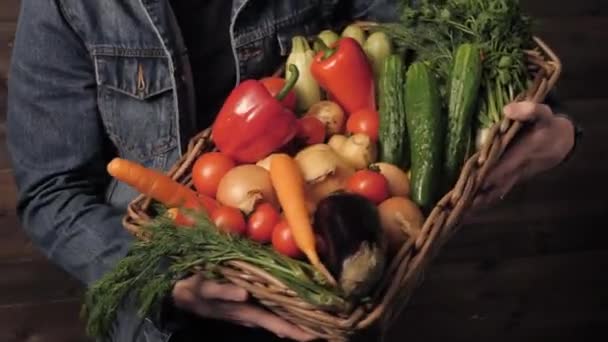 Mãos jovem agricultor está segurando uma caixa de vegetais orgânicosagricultura campo colheita jardim nutrição orgânica fresca. Estúdio — Vídeo de Stock