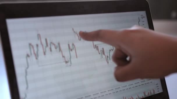 Black Business donna utilizzando il computer portatile per l'analisi del mercato azionario dei dati, grafico forex trading, trading di borsa on-line, concetto di investimento finanziario. vicino — Video Stock