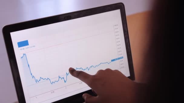 Африканская американка проводит аналитику биржевой графики на ноутбуке — стоковое видео