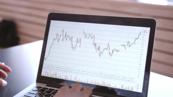 Black Business vrouw met behulp van laptop voor het analyseren van gegevens aandelenmarkt, forex trading grafiek, beurshandel online, financiële belegging concept. close-up — Stockvideo