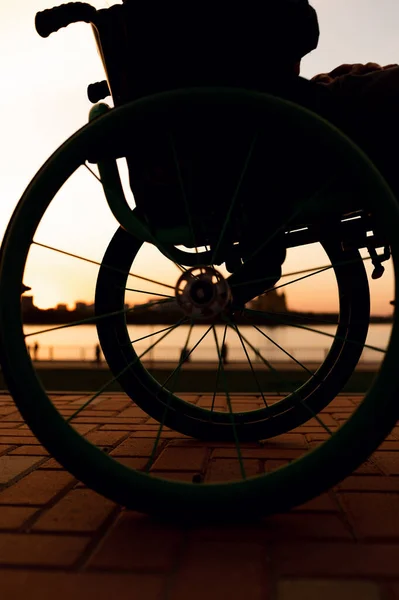 Силуэт человека в инвалидной коляске на фоне заката — стоковое фото