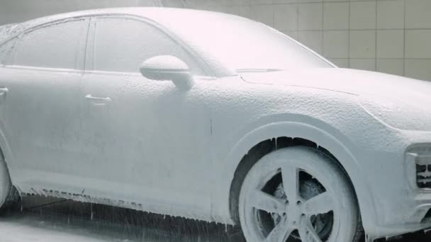 Car wash. Cleaning the car using high pressure water. — Stok video
