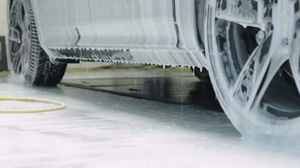 Carro de limpeza com shampoo de espuma de neve branca. Pulverizando espuma de neve branca no capô do carro e farol. Pulverizando espuma de xampu de carro para capuz de carro — Vídeo de Stock