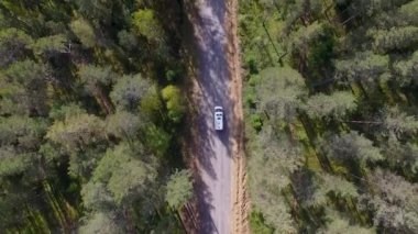 Ambulans orman yolunda ilerliyor. Yukarıdan görüntüle.