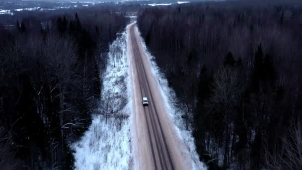 Biały Minibus Leśnej Zimowej Drodze Widok Lotu Ptaka — Wideo stockowe