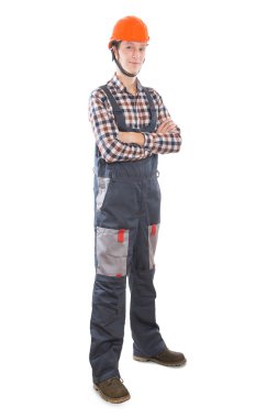 Beyaz arkaplanda izole edilmiş inşaat işçisi