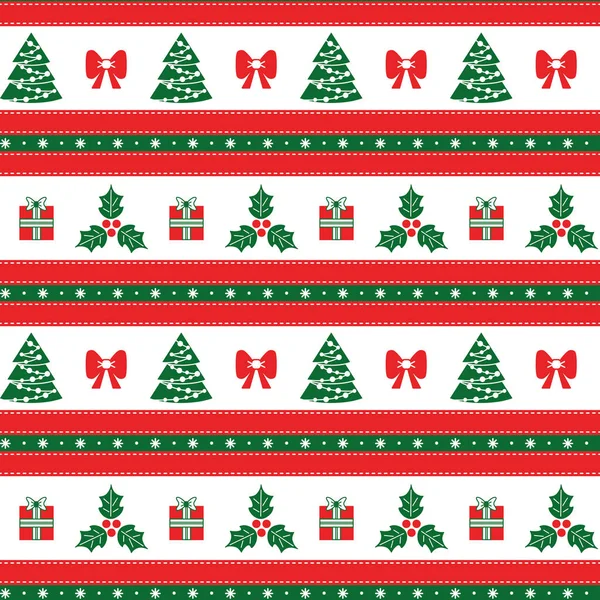 Julen sömlöst mönster med Holly, julgran, gåva, med horisontella ränder. Sömlös julgräns — Stock vektor